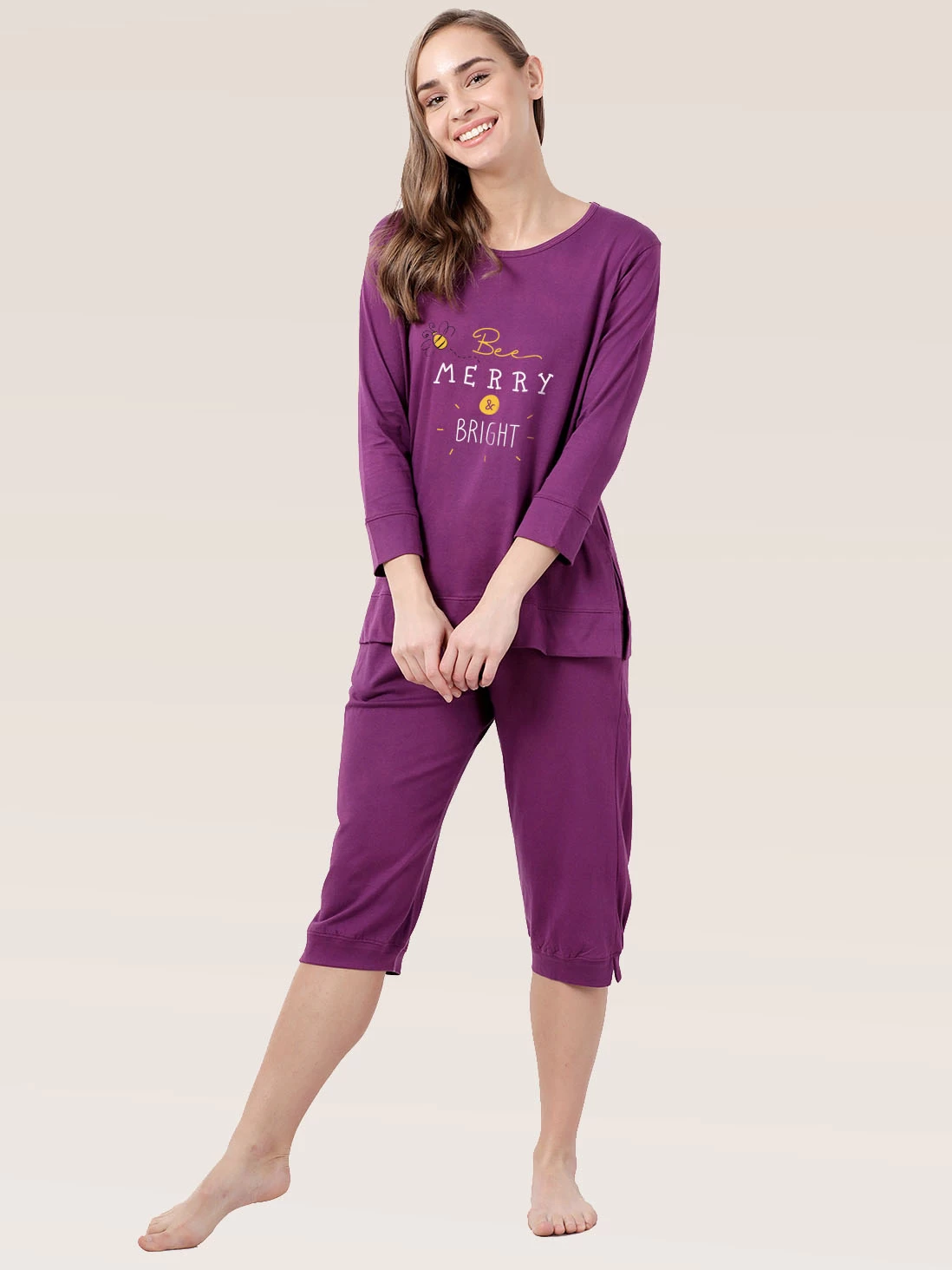 Shyaway Dark Purple 3/4 Sleeve Nightwear Capri Set 3 Shyaway Dark Purple 3/4 Sleeve Nightwear Capri Set