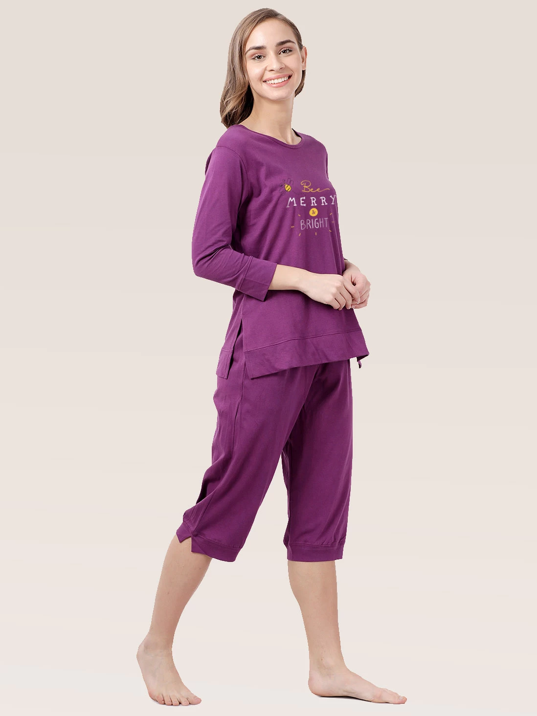 Shyaway Dark Purple 3/4 Sleeve Nightwear Capri Set 4 Shyaway Dark Purple 3/4 Sleeve Nightwear Capri Set - Image 2