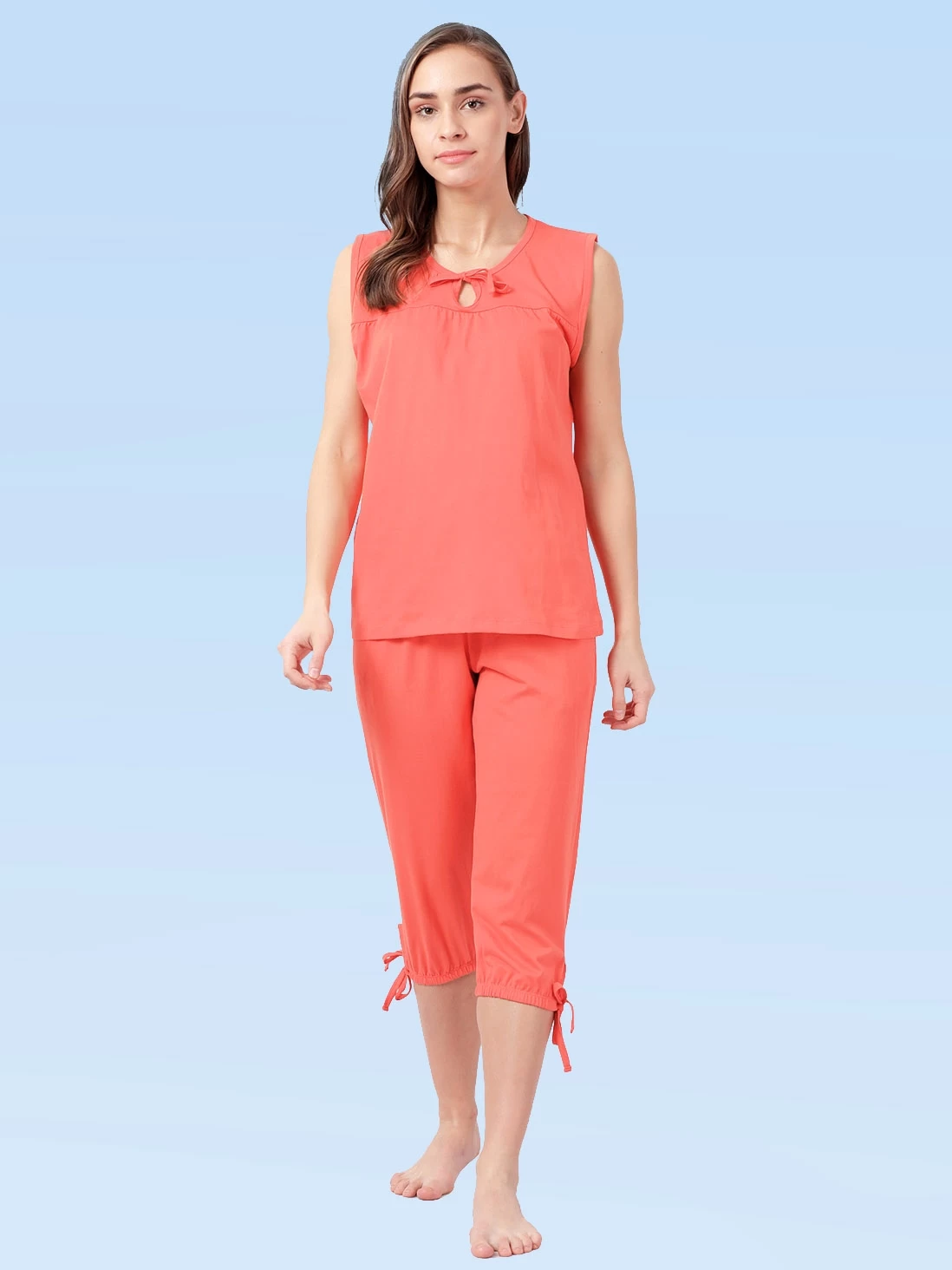 Shyaway Camellia Orange Solid Sleeveless Nightwear Capri Set 4 Shyaway Camellia Orange Solid Sleeveless Nightwear Capri Set - Image 2