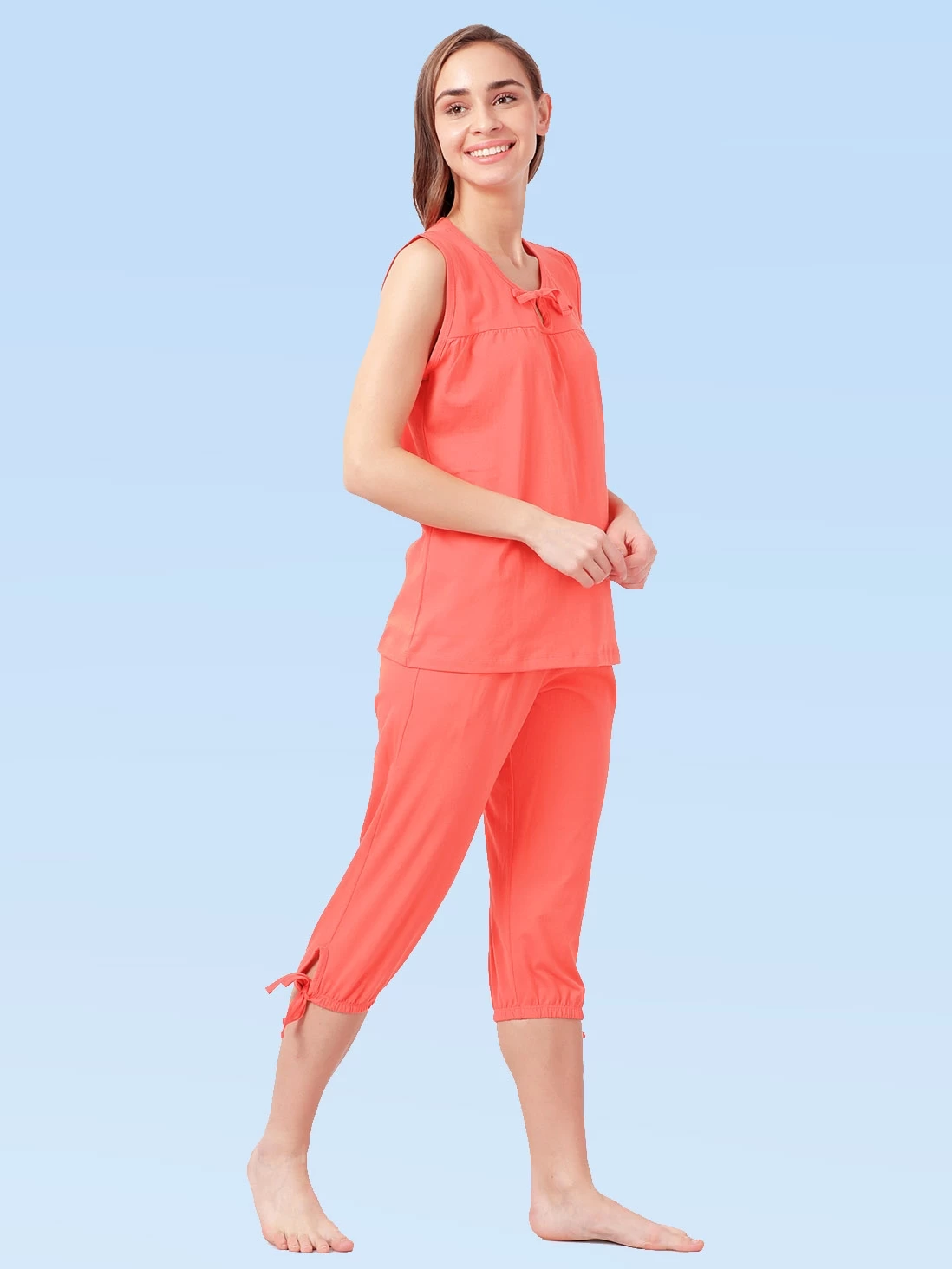 Shyaway Camellia Orange Solid Sleeveless Nightwear Capri Set 5 Shyaway Camellia Orange Solid Sleeveless Nightwear Capri Set - Image 3