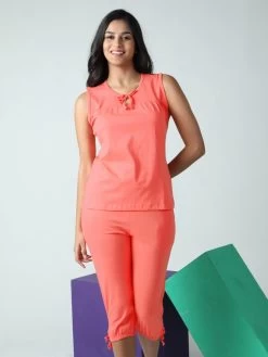 Shyaway Camellia Orange Solid Sleeveless Nightwear Capri Set