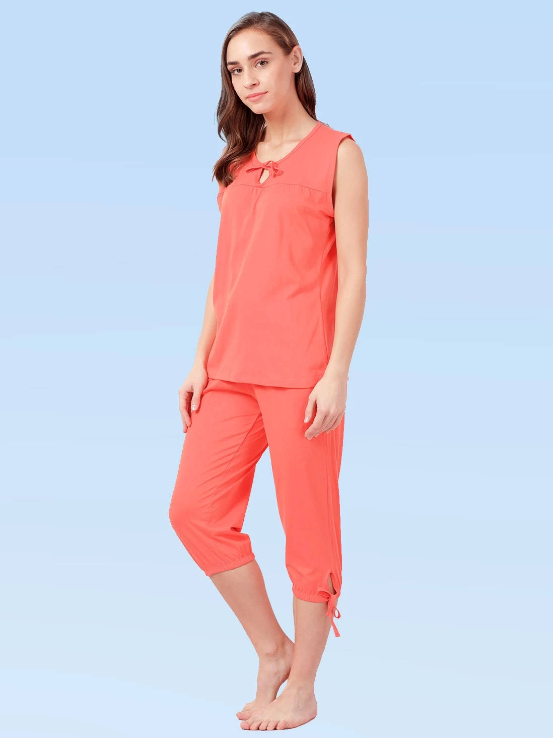 Shyaway Camellia Orange Solid Sleeveless Nightwear Capri Set 6 Shyaway Camellia Orange Solid Sleeveless Nightwear Capri Set - Image 4