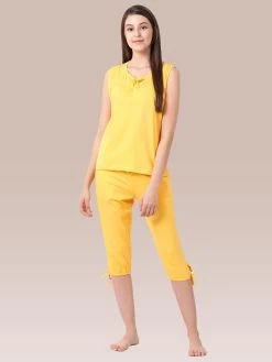 Shyaway Sunshine Yellow Solid Sleeveless Nightwear Capri Set