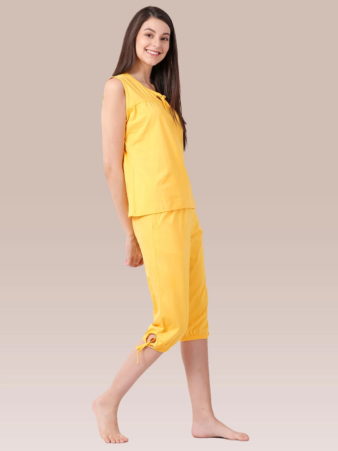 Shyaway Sunshine Yellow Solid Sleeveless Nightwear Capri Set 4 Shyaway Sunshine Yellow Solid Sleeveless Nightwear Capri Set - Image 2