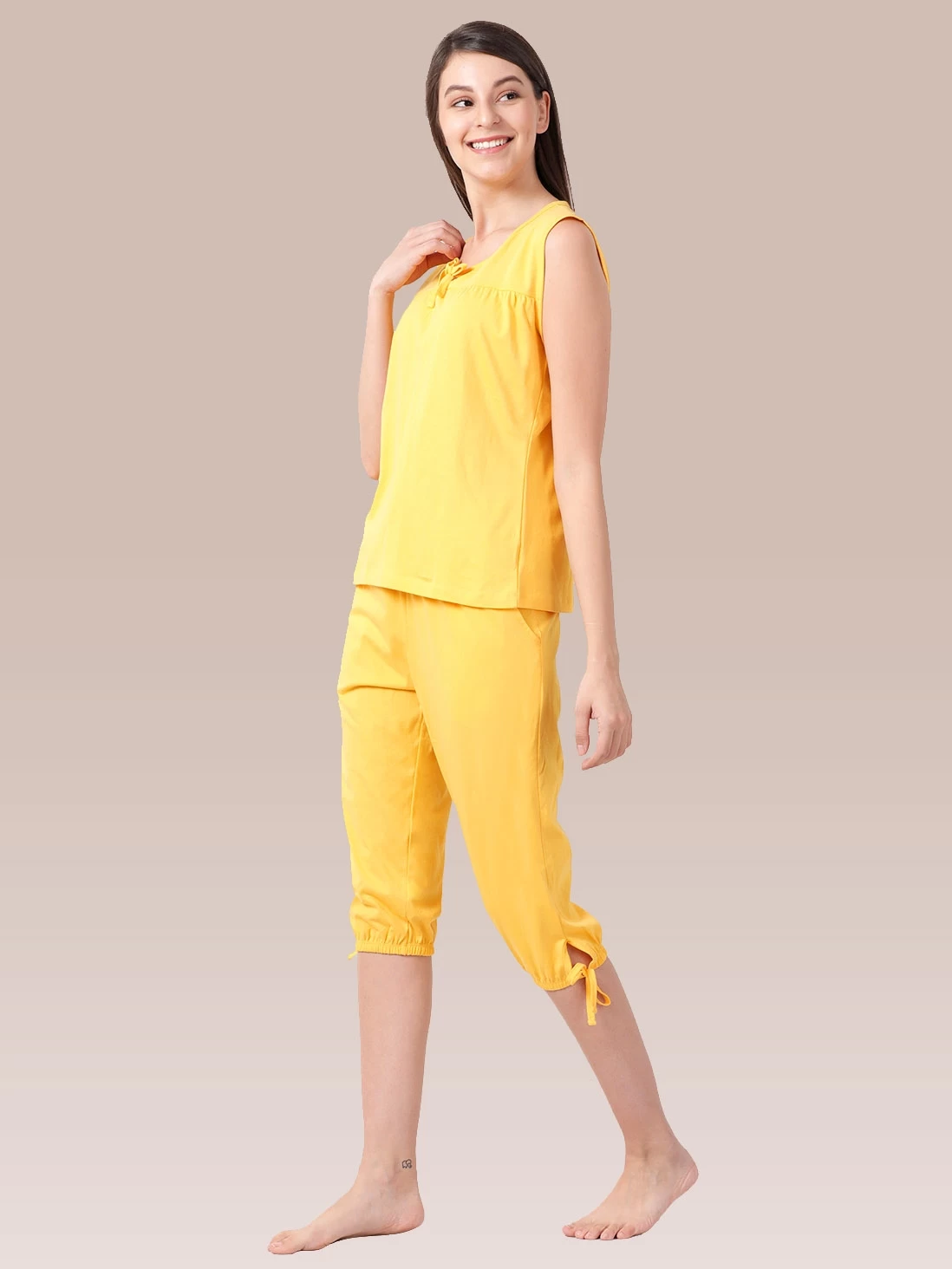Shyaway Sunshine Yellow Solid Sleeveless Nightwear Capri Set 5 Shyaway Sunshine Yellow Solid Sleeveless Nightwear Capri Set - Image 3