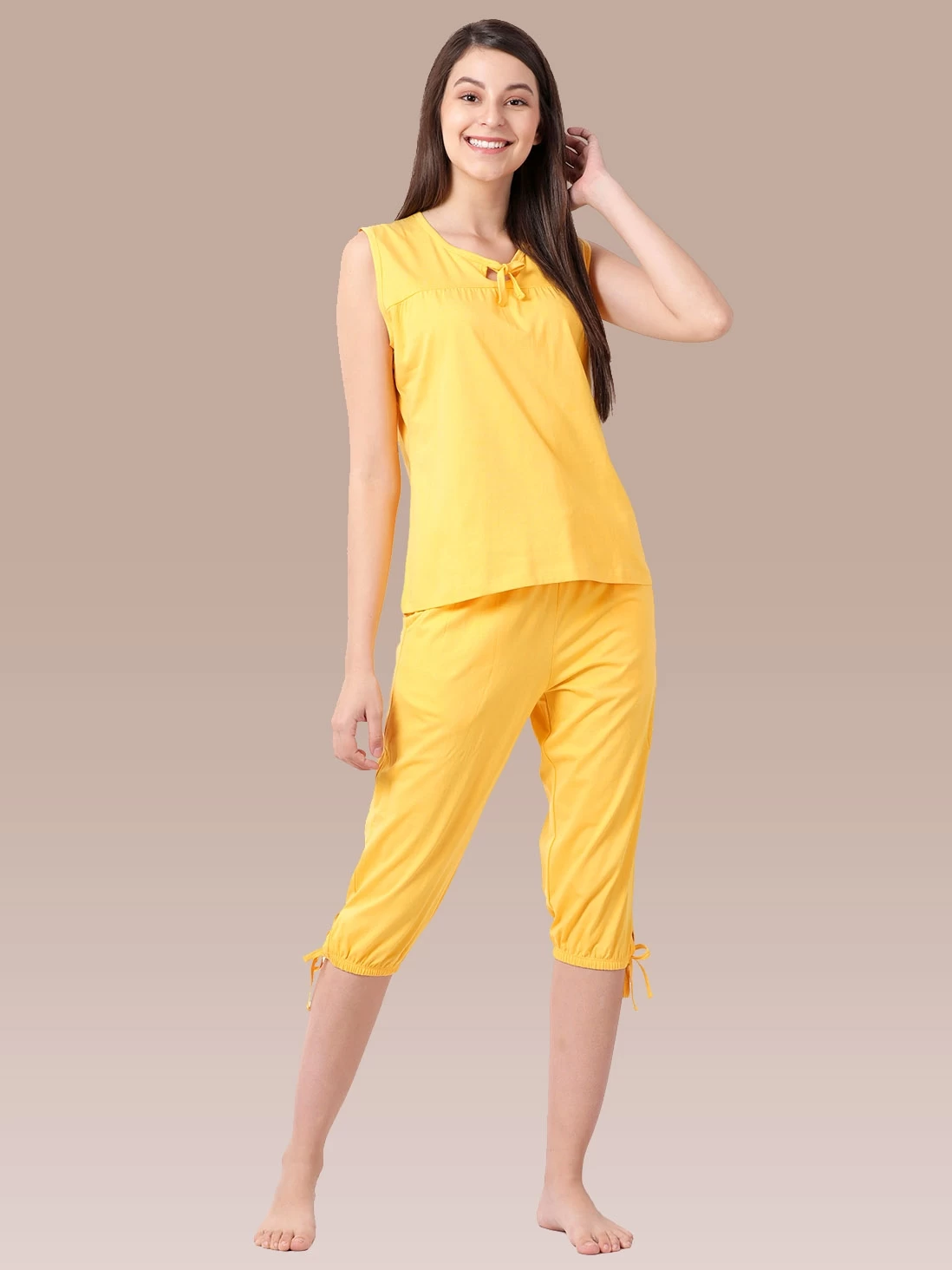 Shyaway Sunshine Yellow Solid Sleeveless Nightwear Capri Set 7 Shyaway Sunshine Yellow Solid Sleeveless Nightwear Capri Set - Image 5