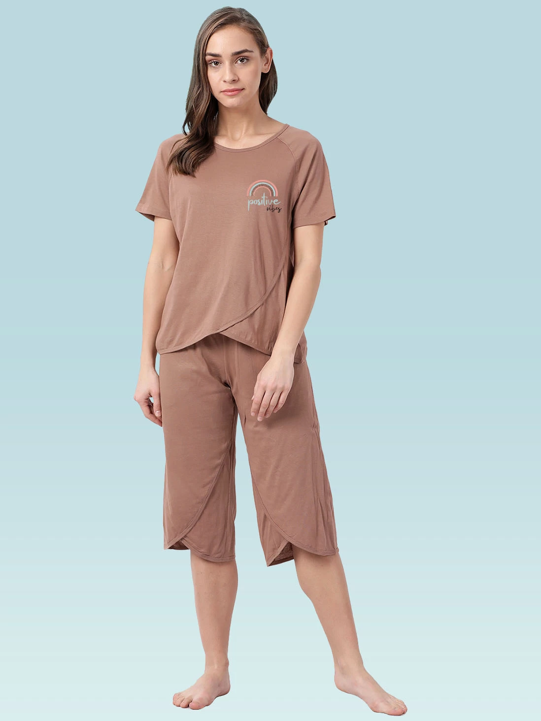 Shyaway Mahogany Brown Tulip Hem Nightwear Capri Set 3 Shyaway Mahogany Brown Tulip Hem Nightwear Capri Set