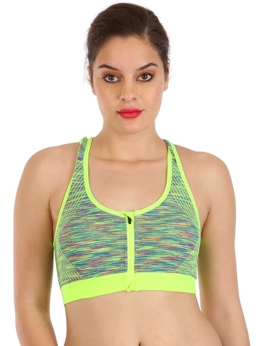 Shyle Neon Yellow Front Zipper Racerback Sports Bra 4 Shyle Neon Yellow Front Zipper Racerback Sports Bra - Image 2