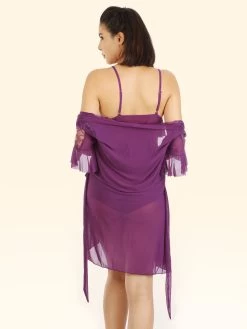 Shyle Purple Babydoll With Flare Sleeved Robe -Shyaway shyle purple babydoll flare sleeved robe