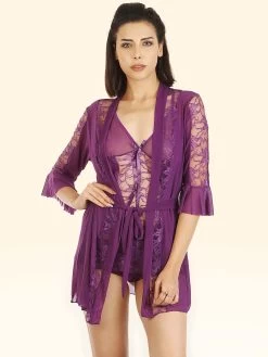Shyle Purple Babydoll With Flare Sleeved Robe