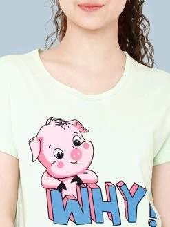 Shyaway Pista Green Piggy Why Print Nightwear Pyjama Set -Shyaway shypj033 pistagreen close
