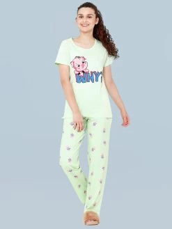 Shyaway Pista Green Piggy Why Print Nightwear Pyjama Set
