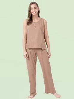 Shyaway Fenugreek Skin Solid Sleeveless Pyjama Set