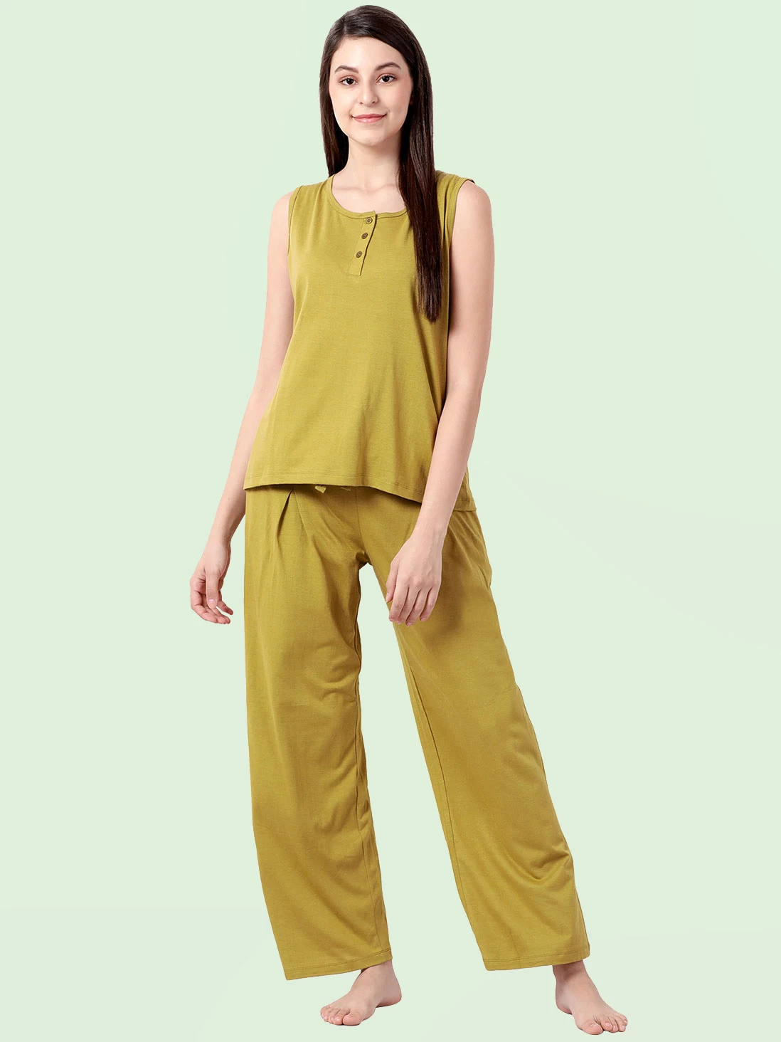 Shyaway Olive Green Solid Sleeveless Pyjama Set 4 Shyaway Olive Green Solid Sleeveless Pyjama Set - Image 2