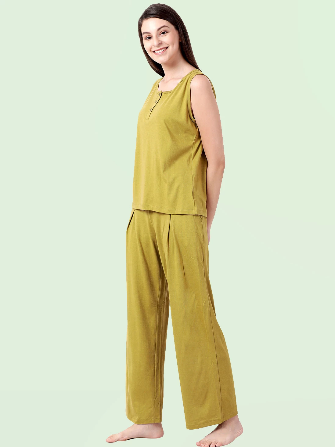 Shyaway Olive Green Solid Sleeveless Pyjama Set 5 Shyaway Olive Green Solid Sleeveless Pyjama Set - Image 3