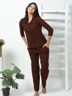 Shyaway Chocolate Brown Lapel Neck Full Sleeve Pyjama Set