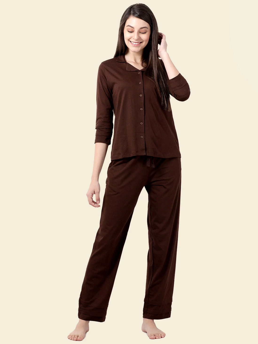 Shyaway Chocolate Brown Lapel Neck Full Sleeve Pyjama Set 7 Shyaway Chocolate Brown Lapel Neck Full Sleeve Pyjama Set - Image 5