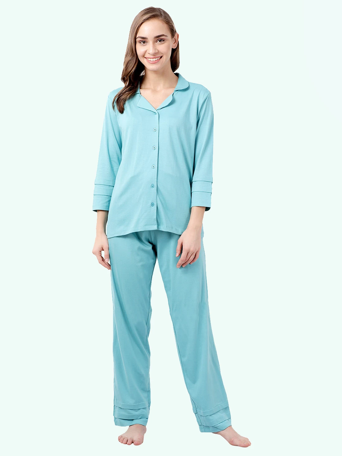 Shyaway Island Paradise Blue Lapel Neck Full Sleeve Pyjama Set 3 Shyaway Island Paradise Blue Lapel Neck Full Sleeve Pyjama Set