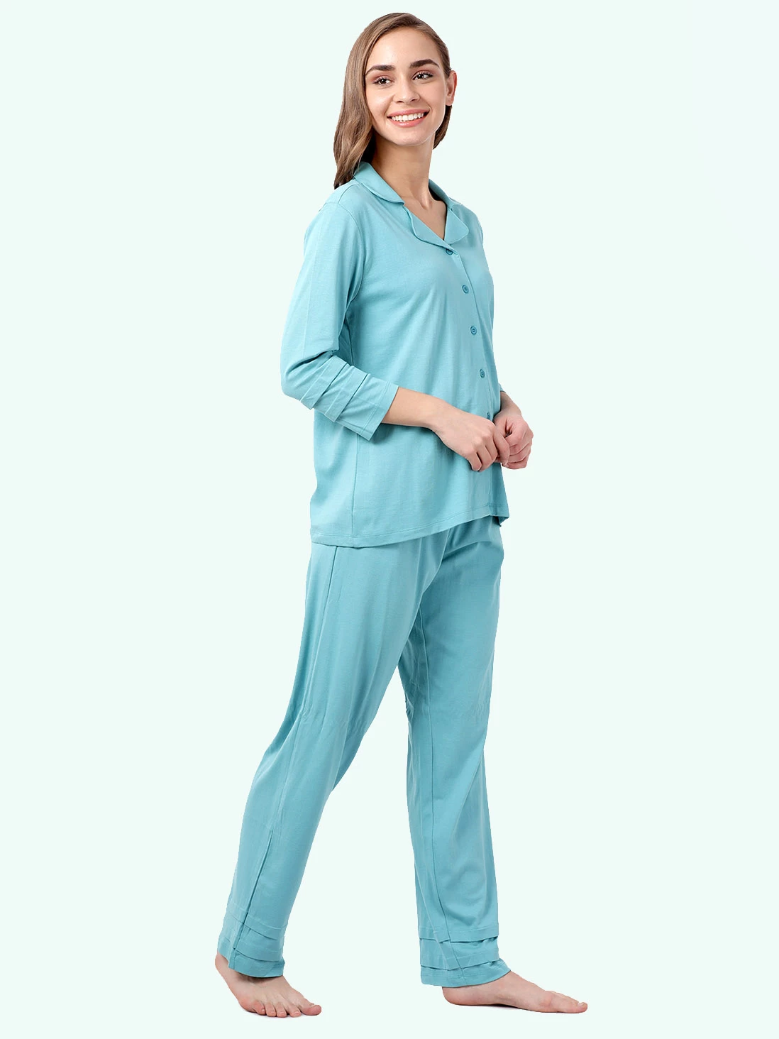 Shyaway Island Paradise Blue Lapel Neck Full Sleeve Pyjama Set 4 Shyaway Island Paradise Blue Lapel Neck Full Sleeve Pyjama Set - Image 2