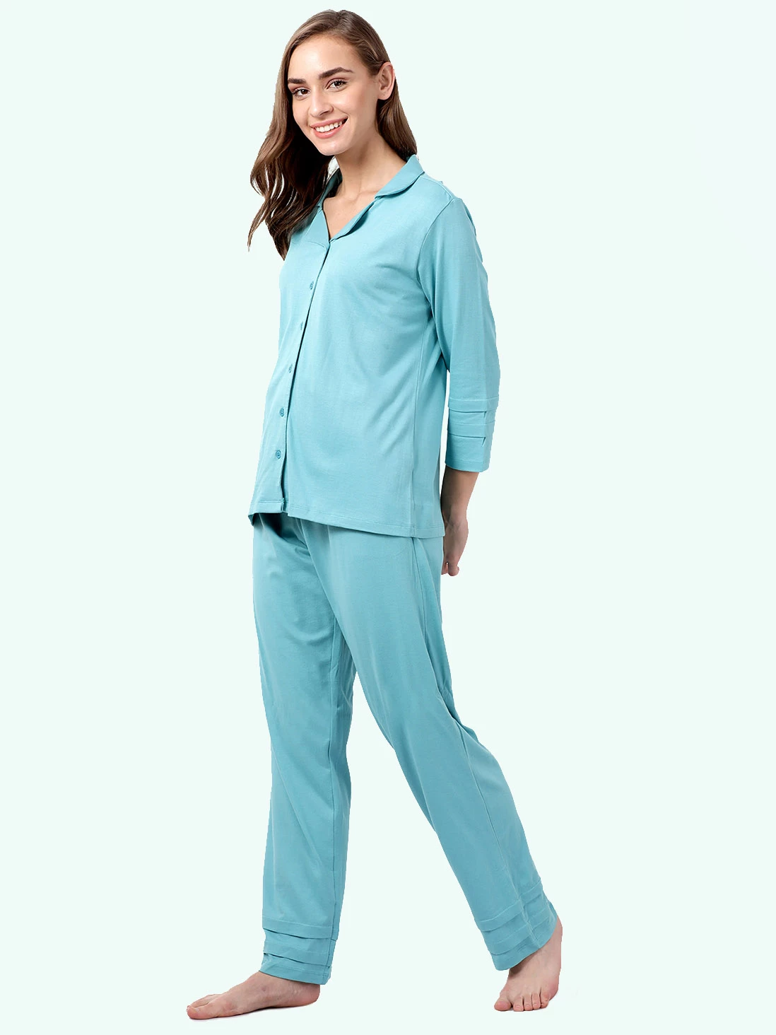 Shyaway Island Paradise Blue Lapel Neck Full Sleeve Pyjama Set 5 Shyaway Island Paradise Blue Lapel Neck Full Sleeve Pyjama Set - Image 3