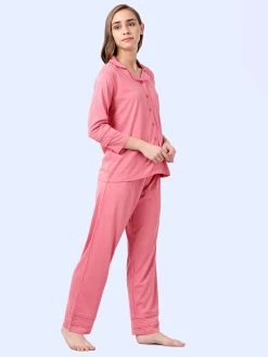 Shyaway Shell Pink Lapel Neck Full Sleeve Pyjama Set -Shyaway shypj102 shellpink 2