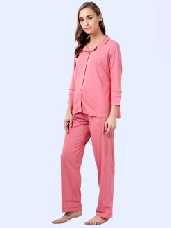 Shyaway Shell Pink Lapel Neck Full Sleeve Pyjama Set -Shyaway shypj102 shellpink 3