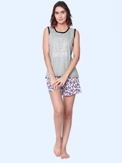 Shyaway Grey White Floral Print Nightwear Shorts Set