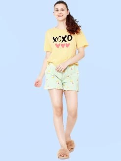 Shyaway Green Yellow XOXO Print Nightwear Shorts Set