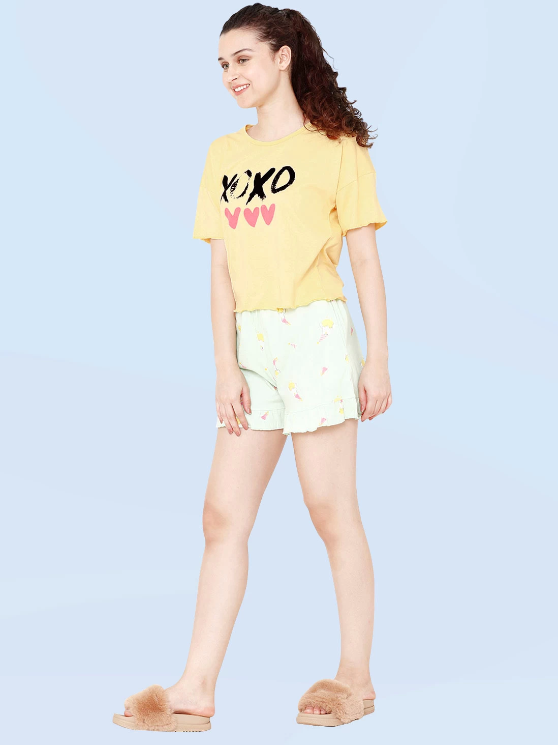Shyaway Green Yellow XOXO Print Nightwear Shorts Set 4 Shyaway Green Yellow XOXO Print Nightwear Shorts Set - Image 2