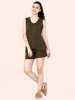 Shyaway Olive Green Solid Sleeveless Nightwear Pyjama Set