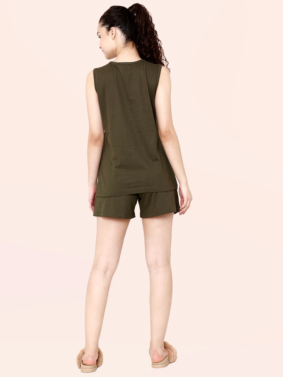 Shyaway Olive Green Solid Sleeveless Nightwear Pyjama Set 5 Shyaway Olive Green Solid Sleeveless Nightwear Pyjama Set - Image 3