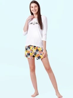 Shyaway White NavyBlue Checks Print Nightwear Shorts Set