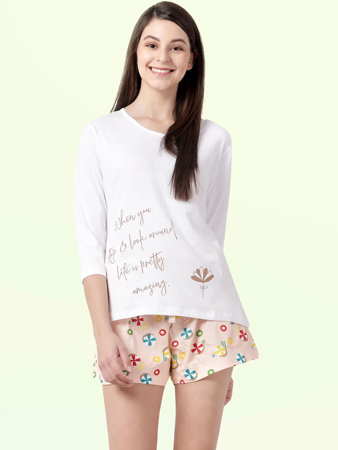 Shyaway White Skin Beach Print Nightwear Shorts Set 4 Shyaway White Skin Beach Print Nightwear Shorts Set - Image 2