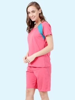 Shyaway Pink Blue Solid Half Sleeve Shorts Set -Shyaway shyss020 rosesharon b