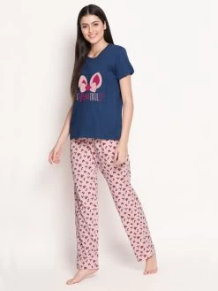 Shyaway Blue Pink Bow Printed Pyjama Set -Shyaway side 1