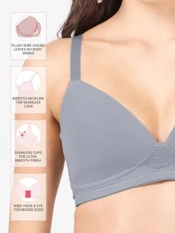 Taabu Monument Grey Padded Lace Trim Full Coverage Bra -Shyaway st010 monumentgrey fea