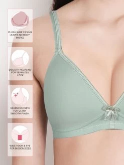 Taabu Bay Green Satin Trim Padded Wirefree T-shirt Bra -Shyaway st011 baygreen fea