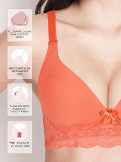 Taabu Camellia Orange Padded Wirefree Bottom Lace Plunge Bra -Shyaway st018 camelliaorange fea