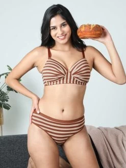 Taabu Cinnamon Brown Stripe Cotton Lingerie Set