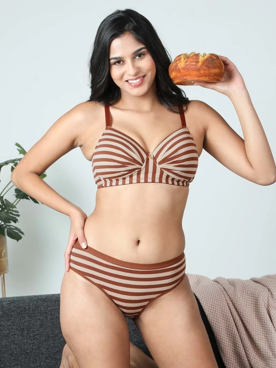 Taabu Cinnamon Brown Stripe Cotton Lingerie Set 3 Taabu Cinnamon Brown Stripe Cotton Lingerie Set