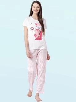 Shyaway White Pink Pretty Woman Print Nightwear Pyjama Set