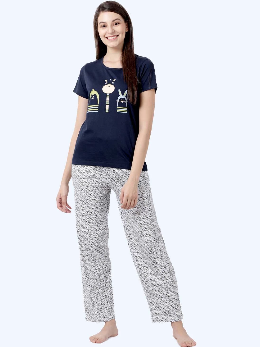 Shyaway Navyblue White Animal Print Nightwear Pyjama Set 3 Shyaway Navyblue White Animal Print Nightwear Pyjama Set