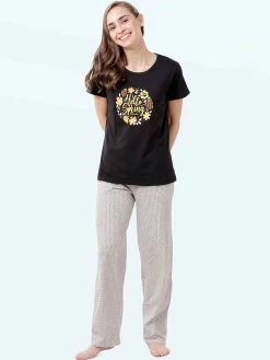 Shyaway Black Hello Spring Print Nightwear Pyjama Set