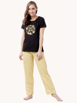 Shyaway Black Yellow Hello Spring Print Nightwear Pyjama Set